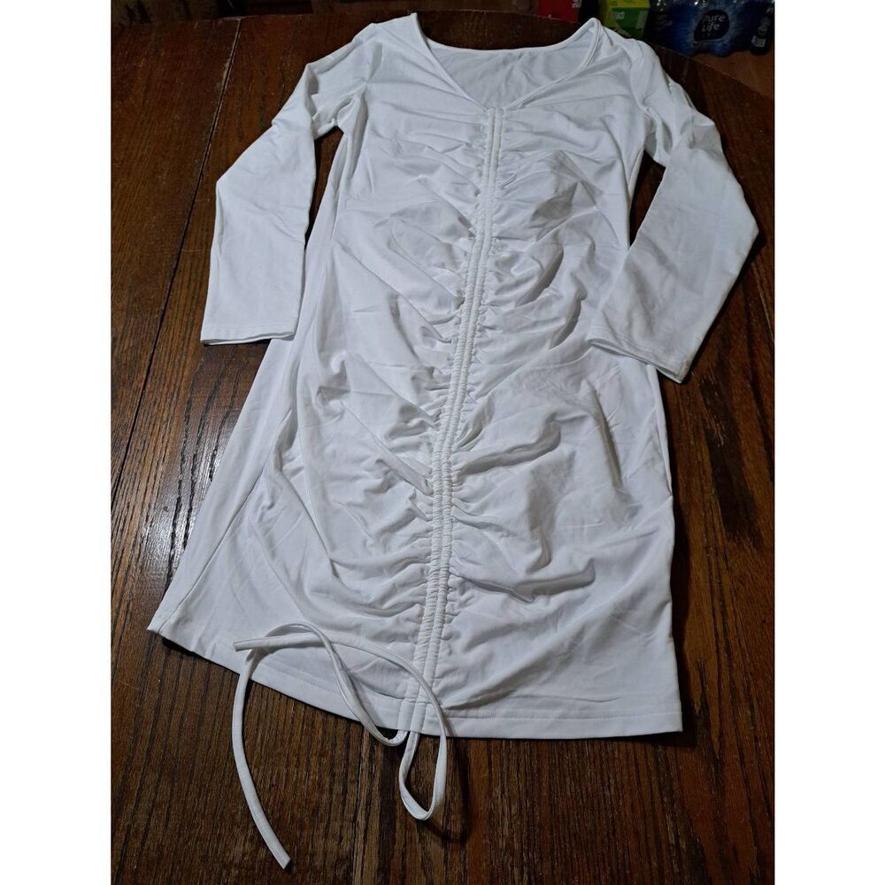 New XL Runs Small Off White Long Sleeve Sexy Bodycon Ruched Front Mini Dress